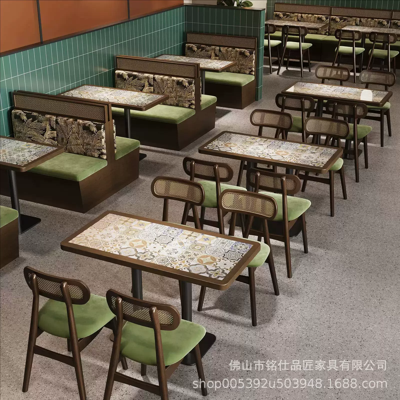 中古风编藤卡座沙发湘菜馆茶楼餐厅火锅店烤肉店实木餐桌椅组合