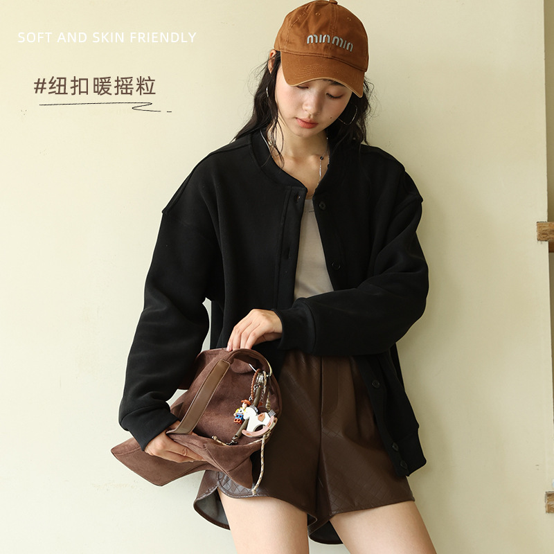 [Special Offer] Autumn and Winter Solid Color Fleece Button Cardigan for Women, Korean Style Warm Top, Versatile Slimming Casual Jacket