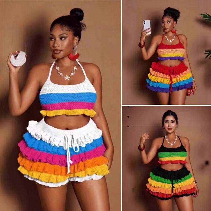 Cross-Border Colorfulful Stripesd Knitted Halter Top + Ruffled Shorts Set Sexy Navel-Baring Fashion Two-Piece Set