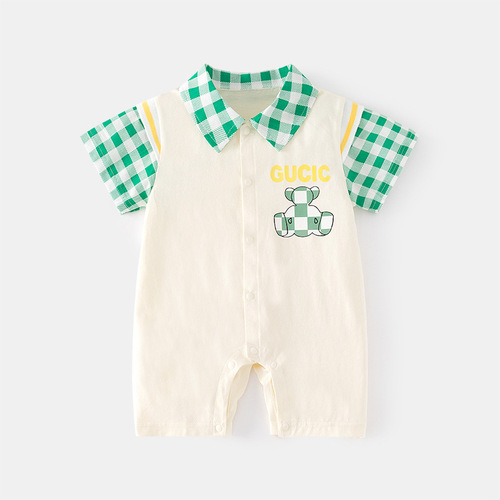 Baby summer short-sleeved jumpsuit, baby ultra-thin air-conditioning suit, summer harem, newborn open crotch thin crawl suit