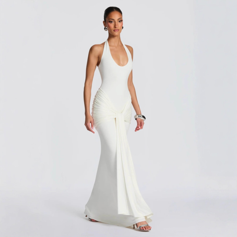 Fronteras europeas y estadounidenses ropa de mujer primavera nueva moda cuello en U cuello colgando cinturón empalmado cinturón delgado vestido de cadera image 3