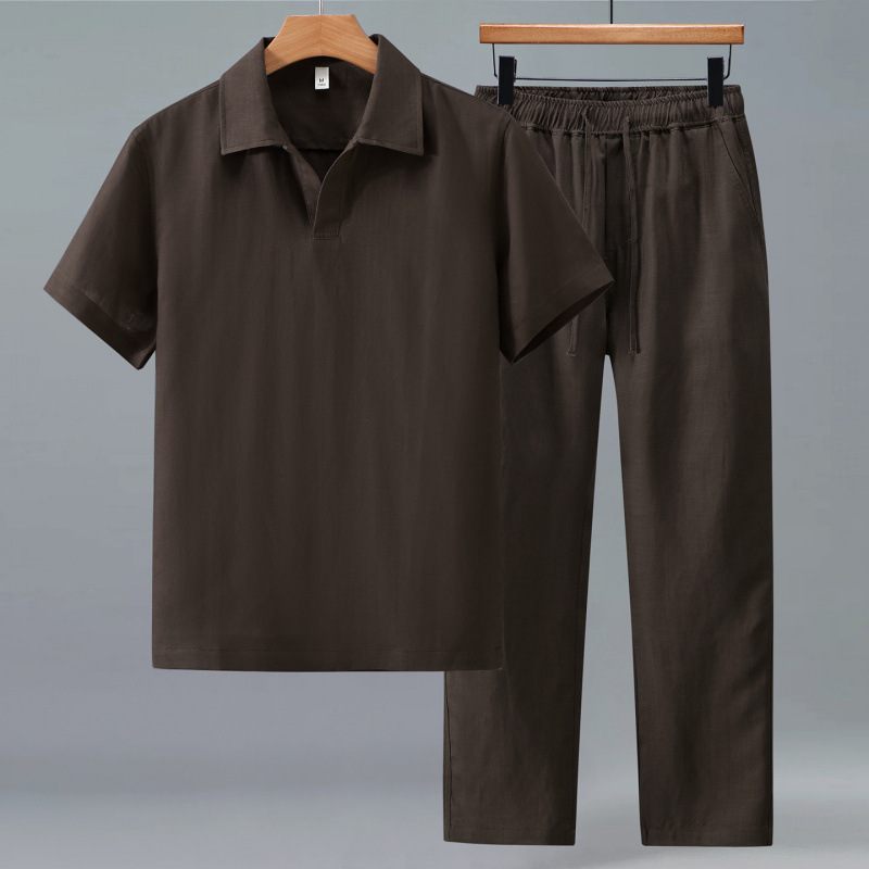 1527+3051 Tencel Linen Polo Shirt Short-Sleeved Pants Suit Men's Business Casual Comfortable Breathable Thin Style