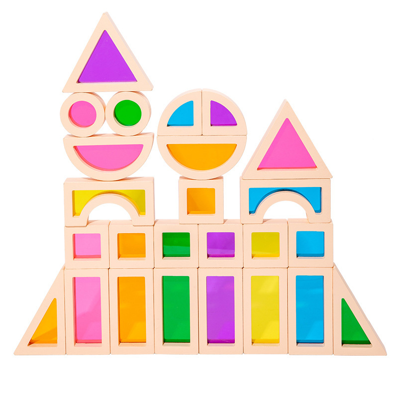 子供のクリエイティブなカラフルな半透明アクリルビルディングブロックモンテッソーリ感光トレーニングおもちゃ木製大粒子ビルディング|undefined