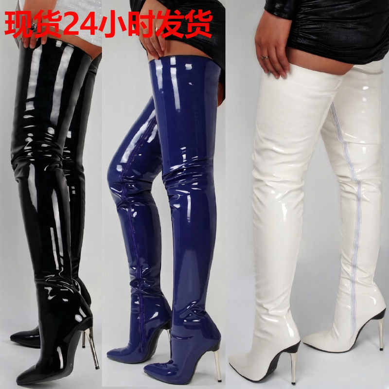 Cross-Border Winter New Style European and American Style Sexy Pointed Toe Side Zipper Patent Leather Stiletto Heel Over-The-Knee Boots Large Size Leather Boots for Women