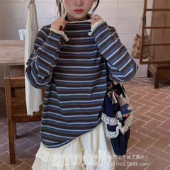 293新款复古小清新立领条纹长袖棉舒适打底衫