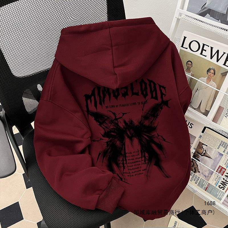 Loose-fitting, fleece-lined, thickened hooded sweatshirt for men and women, high street style, 2026 autumn and winter, letter and butterfly print, couple's trendy top