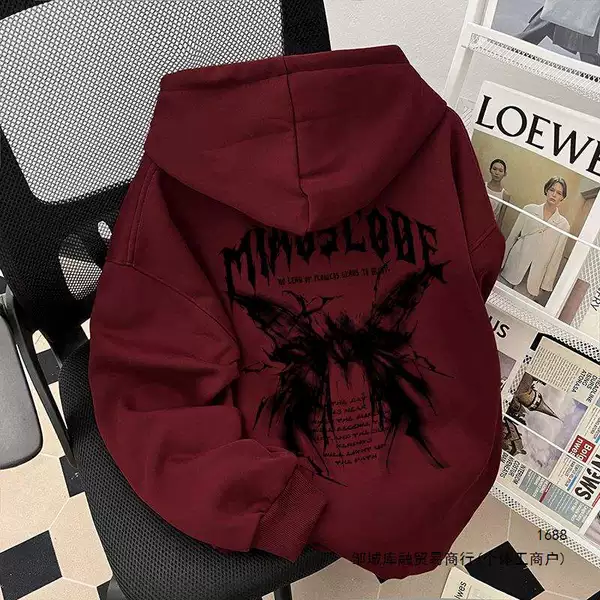Loose-fitting, fleece-lined, thickened hooded sweatshirt for men and women, high street style, 2026 autumn and winter, letter and butterfly print, couple's trendy top