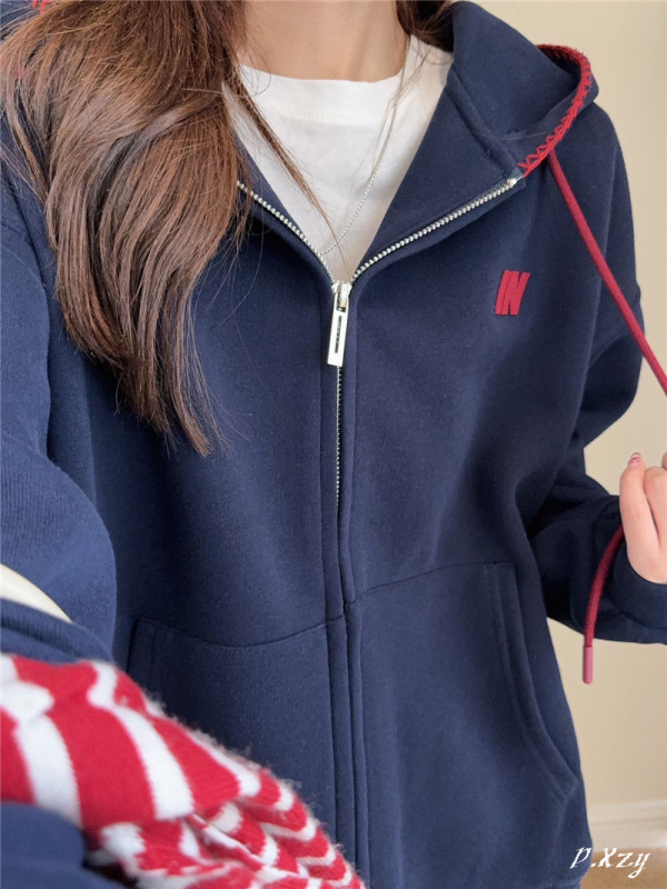 016 慵懒风连帽卫衣女秋季新款撞色刺绣字母女士开衫拉链外套宽松|undefined