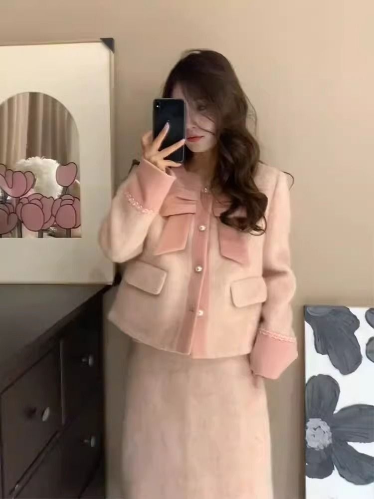 法式时尚设计感小众毛呢套装女小香风羽绒棉服上衣半身裙两件套冬