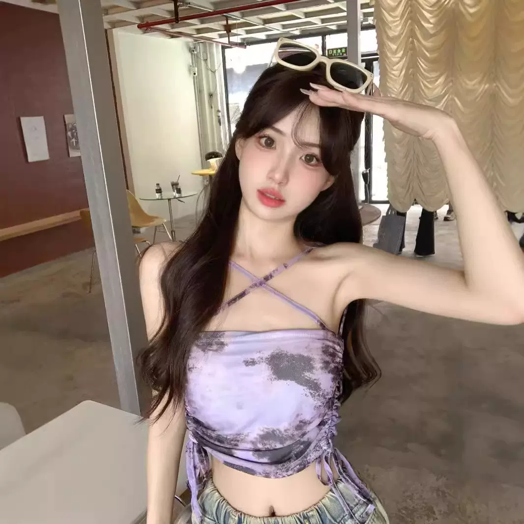 港味设计感抽绳辣妹修身挂脖吊带背心女夏季外穿抹胸性感上衣2245