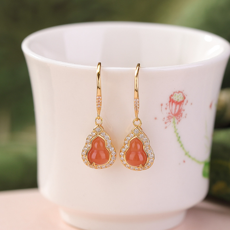 Bông tai bạc S925 đính đá ngọc Hetian Jasper hình bầu lá tre siêu lấp lánh — Phong cách nước đỏ