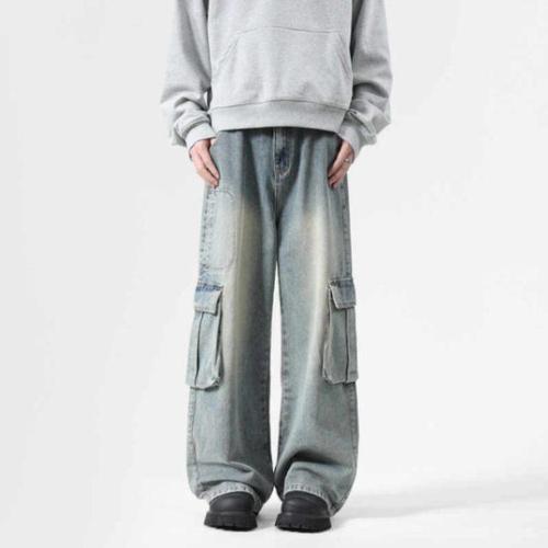 American Wide Leg Workwear Jeans for Men - Autumn Trend Brand Loose Washed Casual Pants with Large Pockets - Straight Leg Floor-Length Trousers