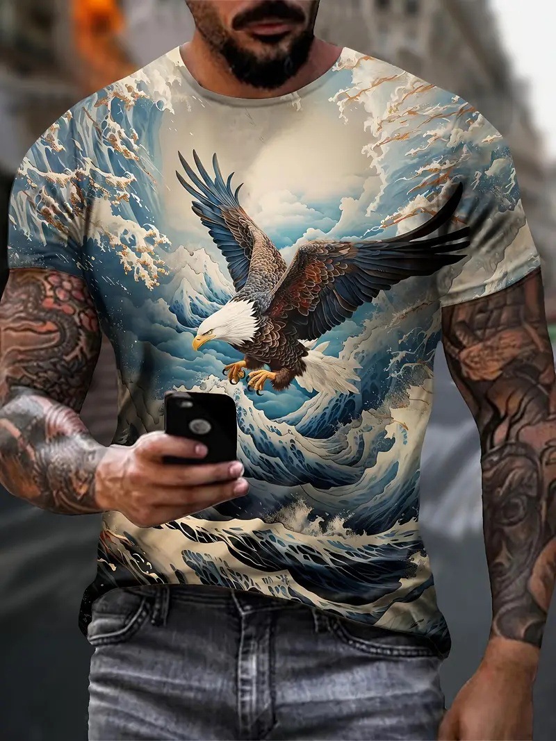 Tengyun Cross Sea Eagle 3D Printed Personalidad de verano para hombre Calle suelta y transpirable de manga corta con cuello redondo camiseta