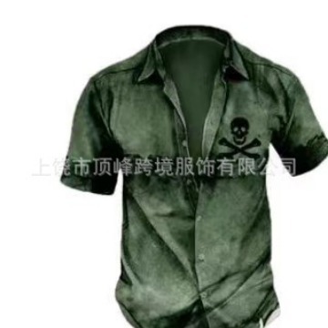 2023 New Summer Men's Retro Pirate Skull Print Henry Short-Sleeve Top