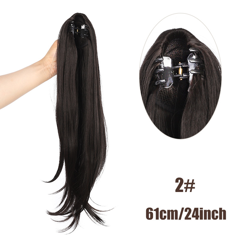 Petite perruque micro-bouclée mi-longue à clip, queue de cheval haute, extensions de cheveux naturels sans couture, augmente le volume des cheveux, 61 cm, 140 g_voghion.com