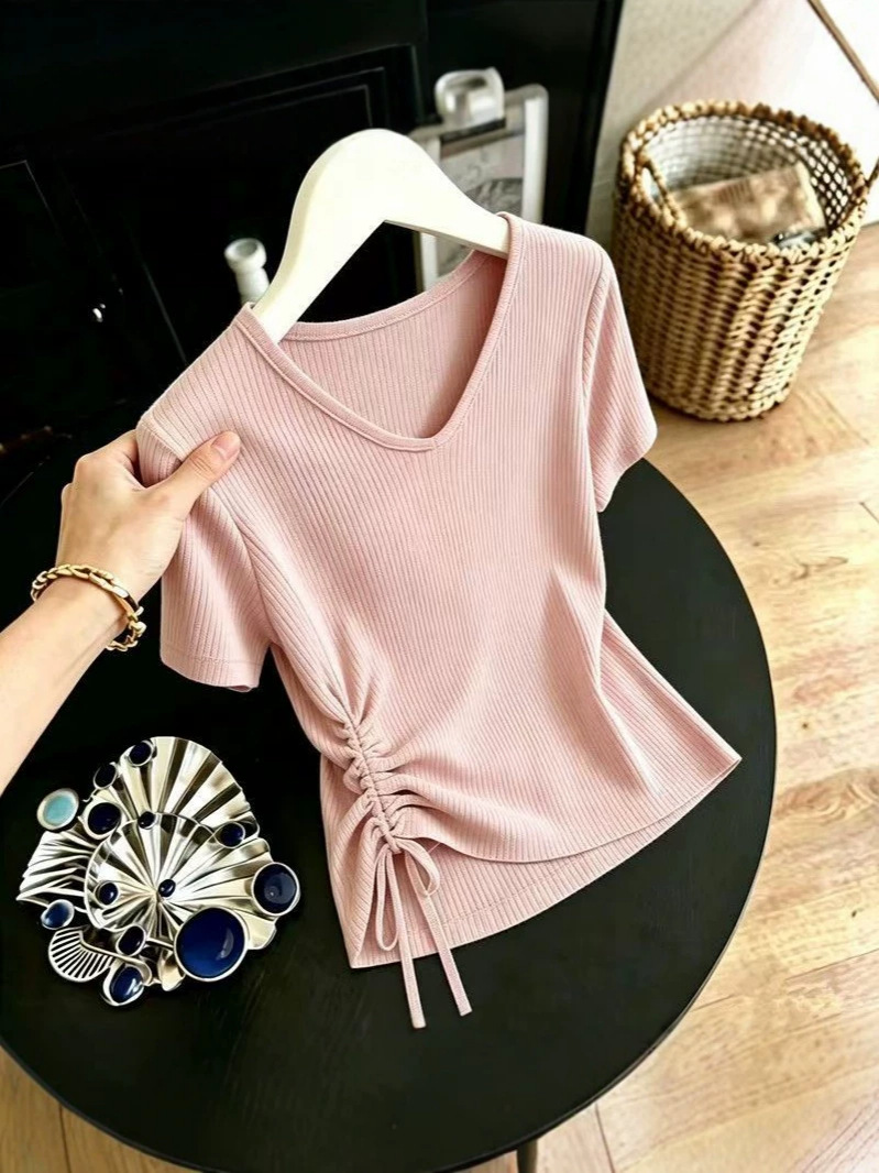 Áo thun nữ tay ngắn dây rút bất đối xứng phong cách Hàn Quốc form rộng — tím hoa cà