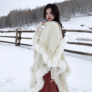 2024 New Large Fur Collar Cape Shawl Solid Color All-match Dual-use Scarf Thickened Warm Coat Women's Cape