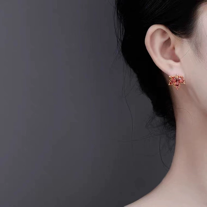 Красная серебряная игла, кленовый лист, серьги, образец 925 пробы, интернет-знаменитость