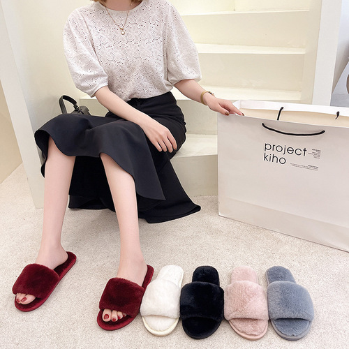 Large size furry slippers for women 2024 autumn and winter new home flat warm slippers foreign trade cotton slippers wholesale