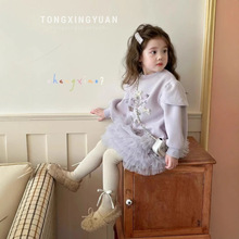 童星圆正版2025秋冬新款韩系女童洋气卡通蕾丝花边网纱加绒卫衣裙