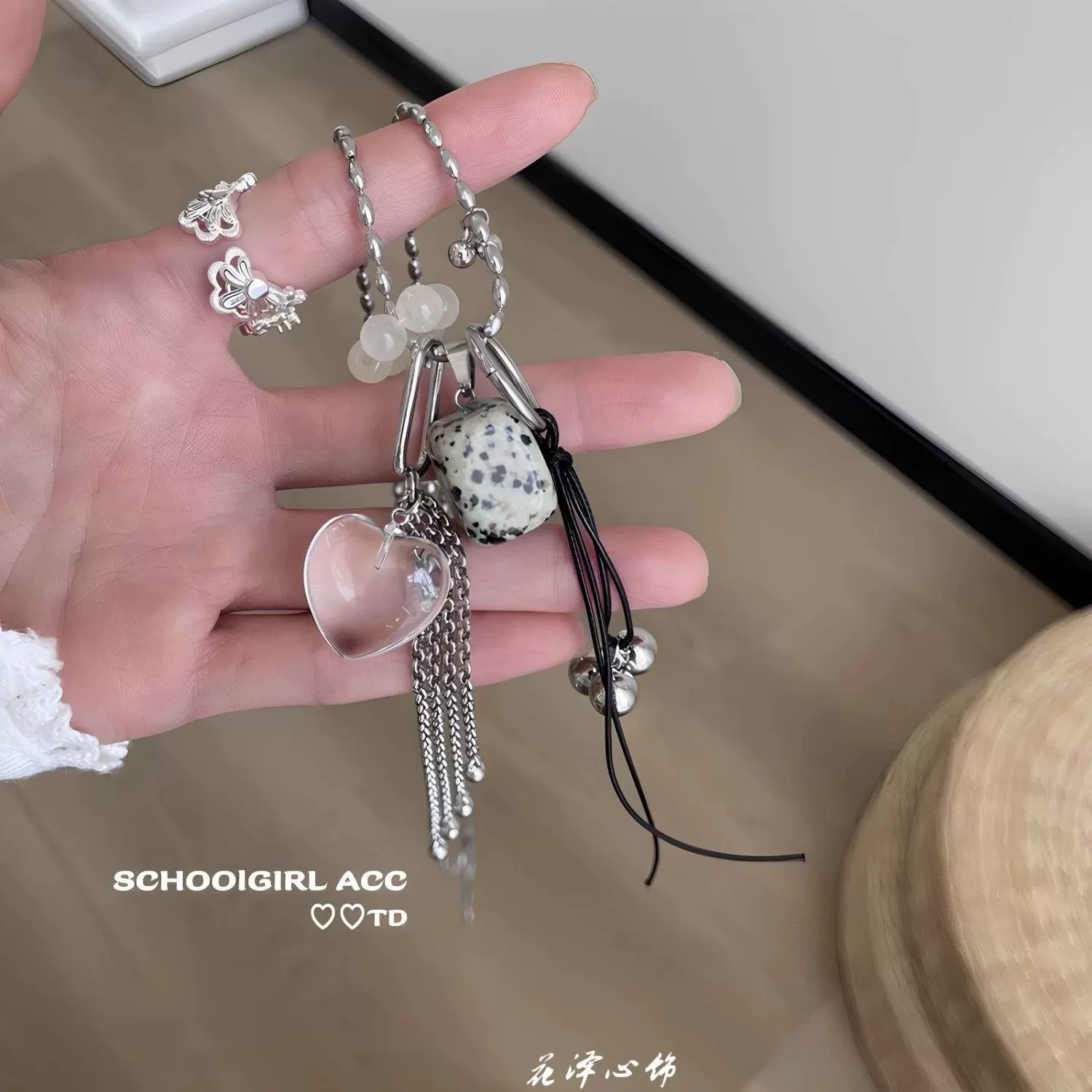博主同款斑点方块项链天然石爱心百搭高级感小众设计吊坠毛衣链