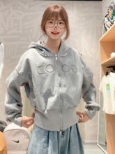 重工钉珠字母刺绣连帽卫衣女【棉】秋新款宽松学院风短款拉链外套