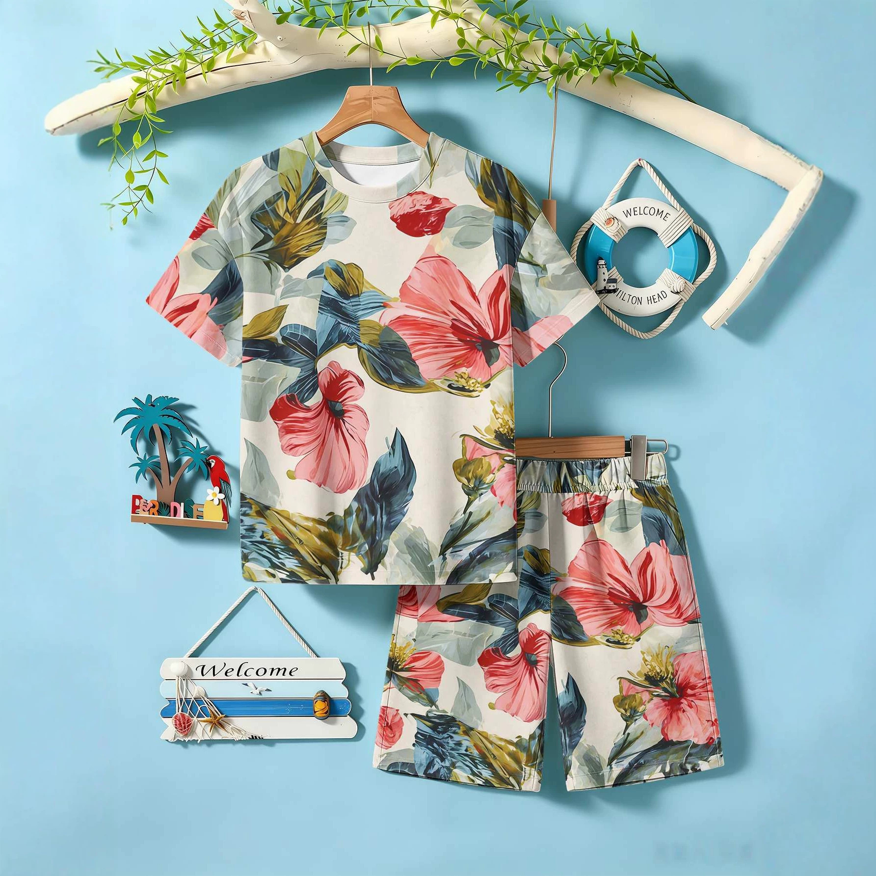 Ensemble deux pièces pour garçon, imprimé cerises 3D, manches courtes et short, collection été 2026_voghion.com