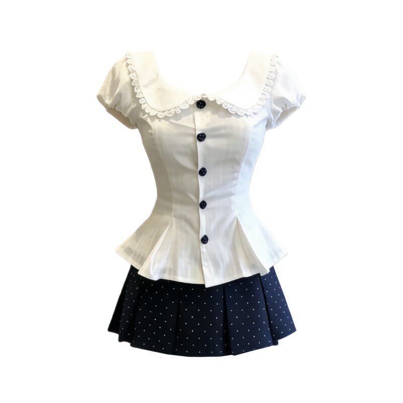 French-Style Sweet Doll Collar Waist-Tie Puff Sleeve Top for Women, New Spring/Summer Polka Dot Skirt Two-Piece Set French-Style Sweet Doll Collar Waist-Tie Puff Sleeve Top for Women, New Spring/Summer Polka Dot Skirt Two-Piece Set
