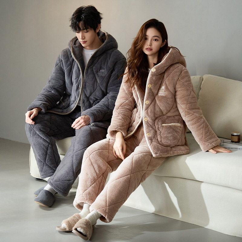 Pajamas de pareja de algodón para hombres y mujeres 2024 invierno más veludo engrosado cardigan con capuz de manga larga ropa de hogar conjunto de calor