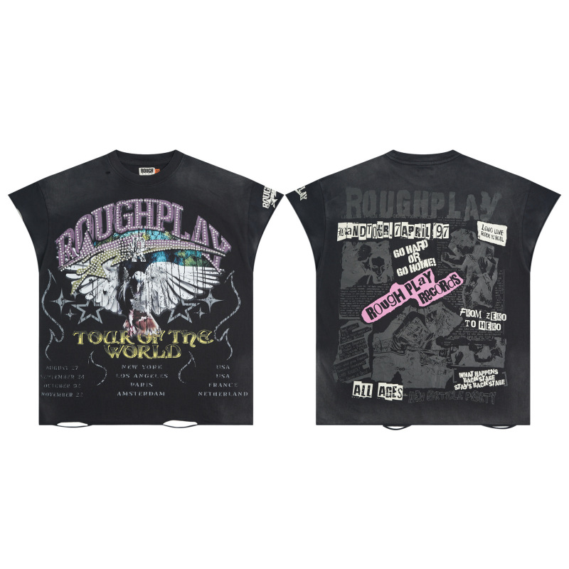 RoughPlay NYC T-Shirt美潮高街洗水做旧破洞大幅闪亮带钻短袖T恤|undefined
