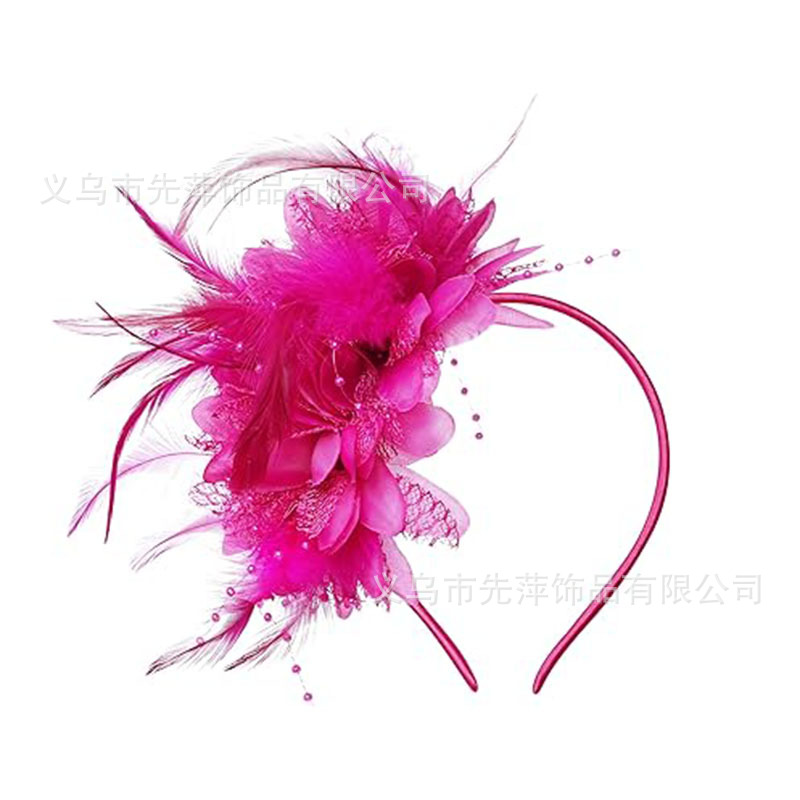 Popular Amazon feather headband headdress European and American bridal retro style feather headdress flower horse racing festival flower hair accessories Black