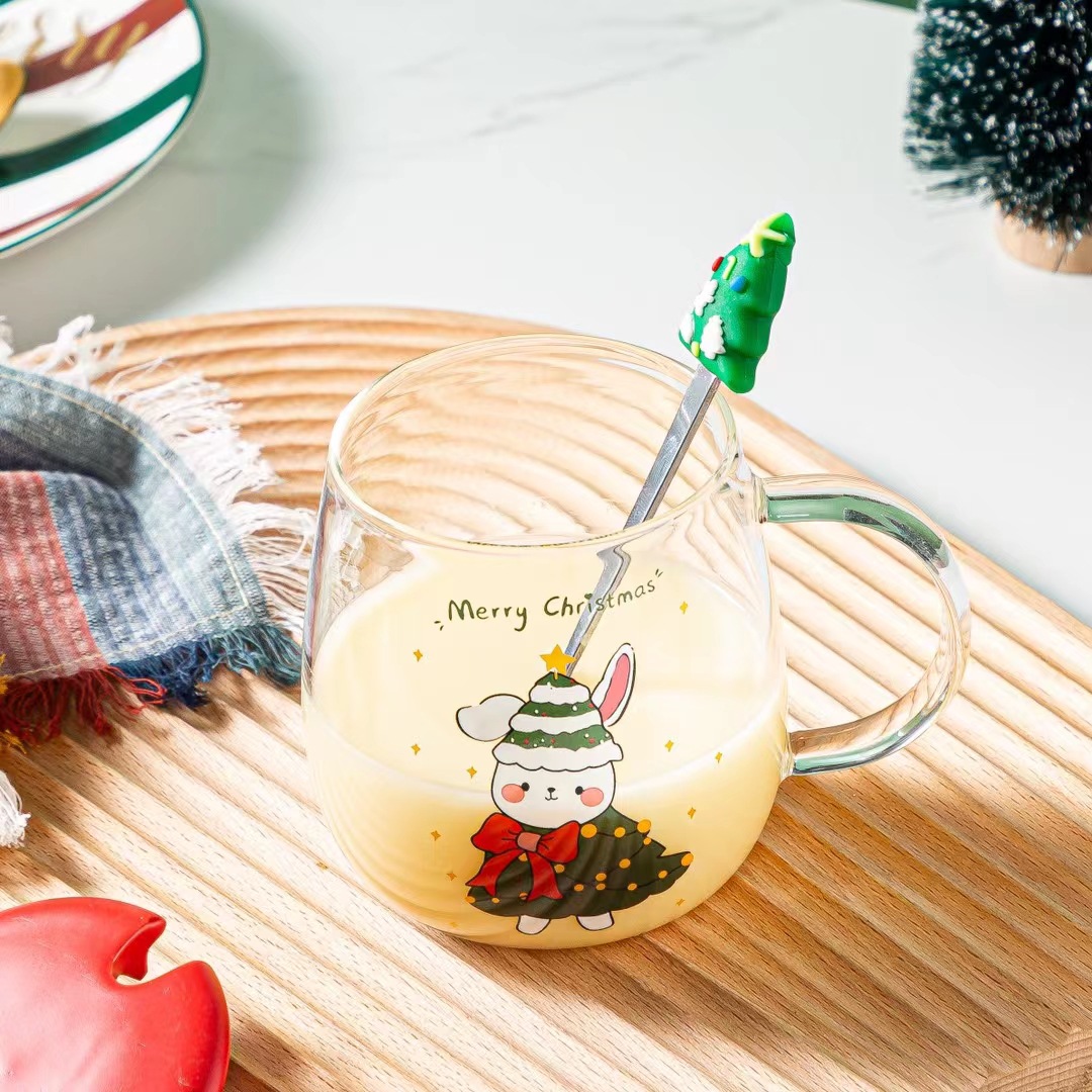 Creativo personalizado vidrio árbol de Navidad ancianos taza de agua regalo dibujos animados muñeco de nieve taza con tapa cuchara taza de café