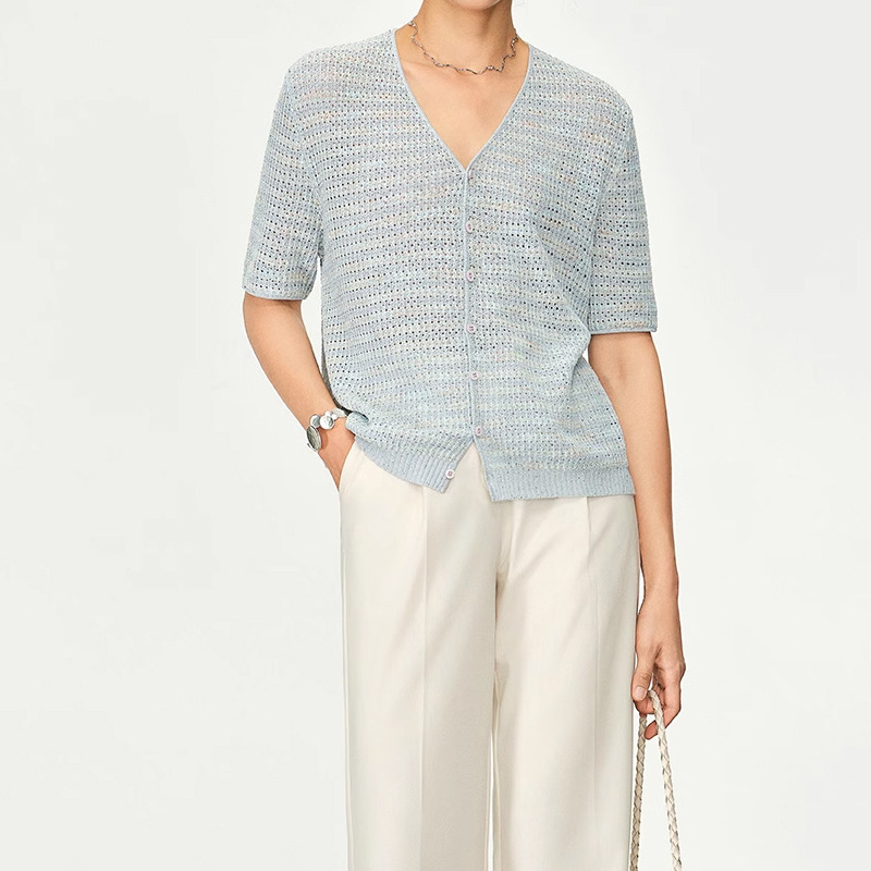 Magic Color "Feather Scale Shirt" ~ Herbalife Linen Bead Loose V-neck Short-sleeved Knitted Cardigan for Women's Spring and Summer Niche