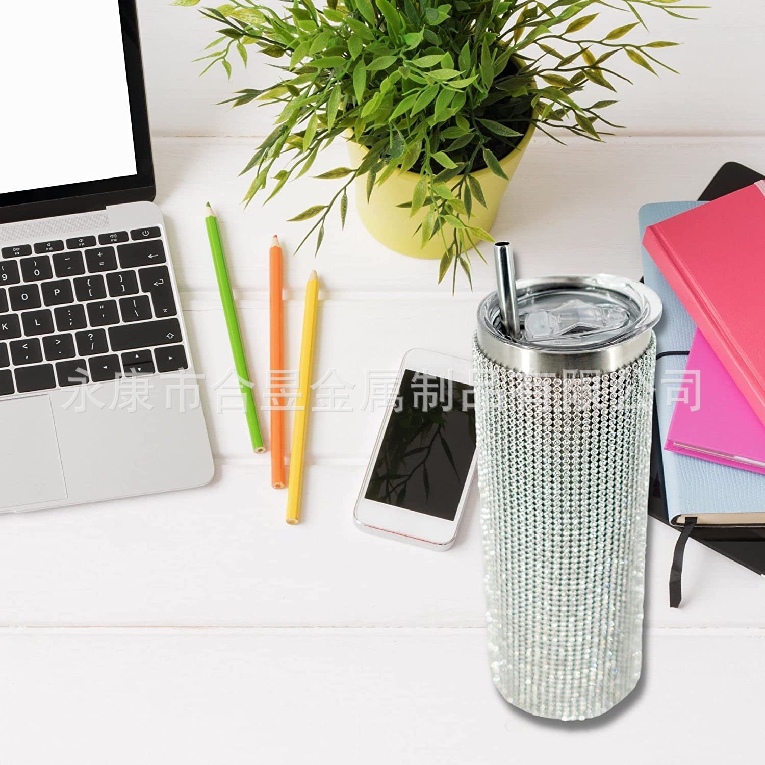 Con incrustaciones de diamantes de 20oz de acero inoxidable aislado frío taza recta taza de café de paja taza de agua del coche