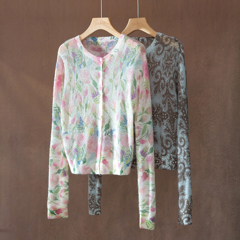 Alpaca wool artistic print knit cardigan for women, long-sleeved, youthful and stylish cashmere top for early autumn