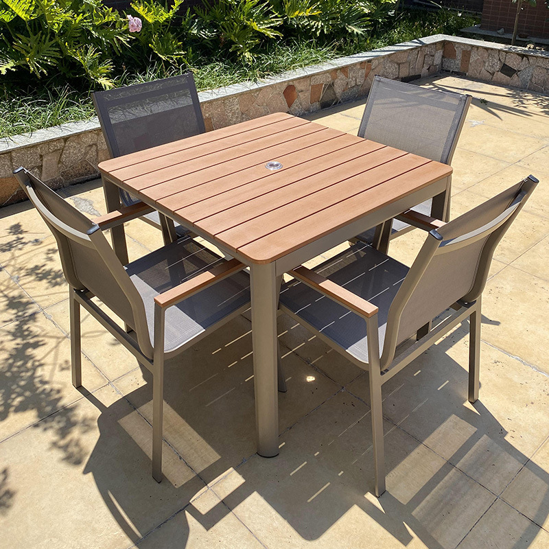 Customized Leisure Combination Aluminum Alloy Table and Chair Set Outdoor Plastic Wood Table Combination Chair Outdoor Rainproof Courtyard Garden