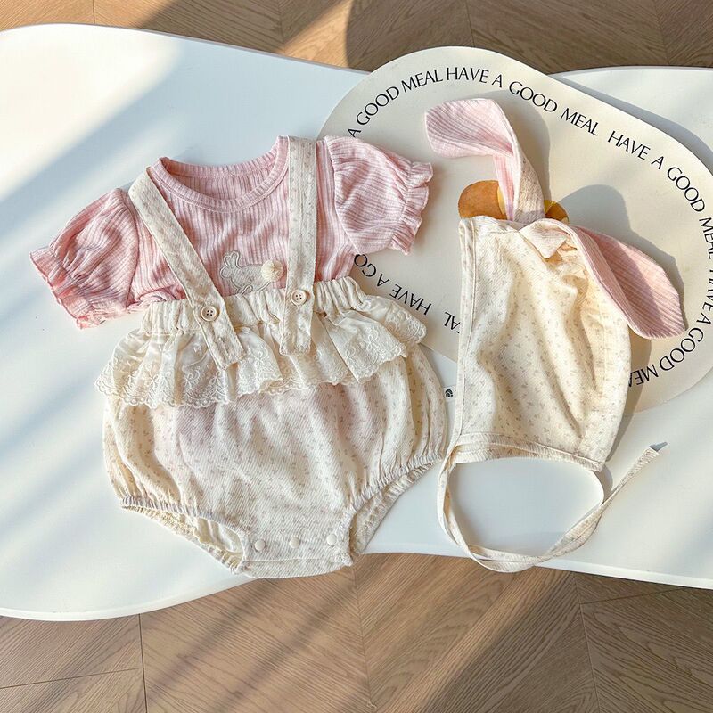 Summer New Princess-Style Korean Version Sweet and Super Cute Bunny Outfit for Outdoor Photoshoots, with Hood and Suspenders, Popular Two-Piece Set