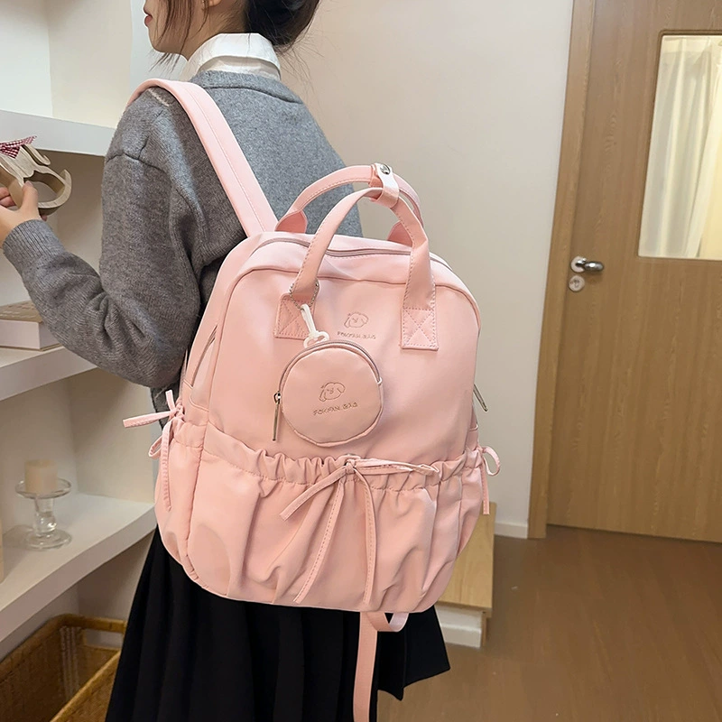 Japanese capacious backpack, shoulder bag, travel bag with bow, for students, drawstring