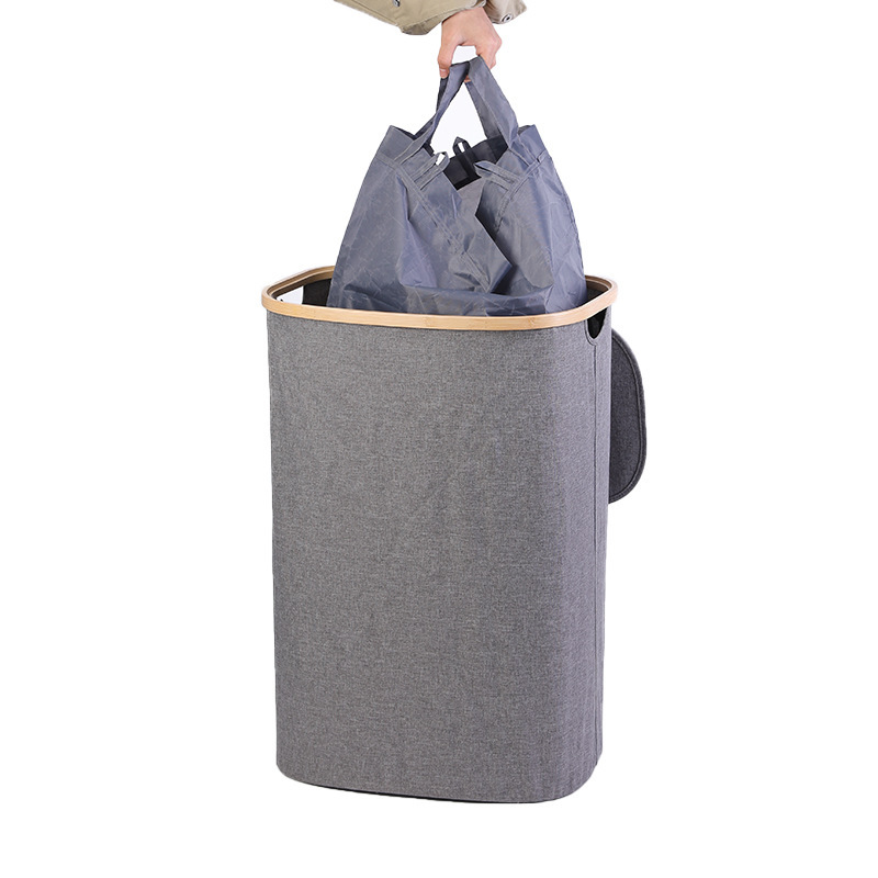 Cross-Border Storage Laundry Basket, Fabric and Bamboo Foldable with Three Inner Pockets, Large Capacity Dirty Clothes Hamper, Bamboo Weaving