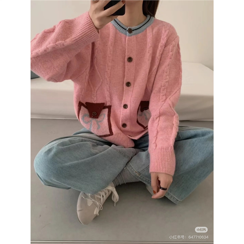 Korean Atmosphere ~ Retro Twist Cardigan with Contrasting Color Alula Design, Early Autumn Wear Girly Sweater Jacket