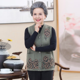 时尚绣花大码奶奶装有口袋23年中老年女装新款针织衫V领开衫马甲，女装马甲，妃慕昵服饰