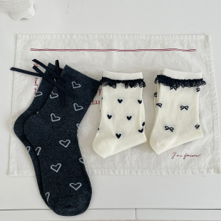 suxinaimin Casual Lazy All-Match Lace Mid-Socks Miu Style Bow Wave Dot Stacked Cotton Socks