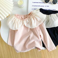 女童黑色花邊領打底衫2023春秋薄款長袖甜美韓版彈力兒童T恤0164