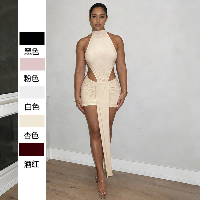 European and American Foreign Trade Women's Clothing Spring and Summer New Fashion Solid Color Splicing Sexy Slim Fit Hollow-Out Ribbon Sleeveless Short Dress