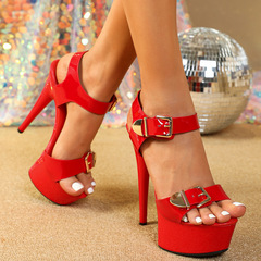 8661-A32模特高跟鞋細跟性感黑色防水台15cm恨天高超高跟涼鞋女夏