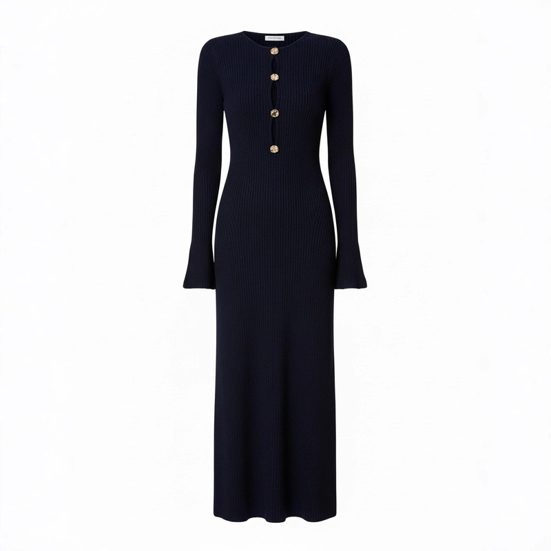 Autumn and Winter Long-Sleeve Base Sweater Solid Color Pencil Skirt Tweed Style Over-The-Knee Long Knit Dress for Women