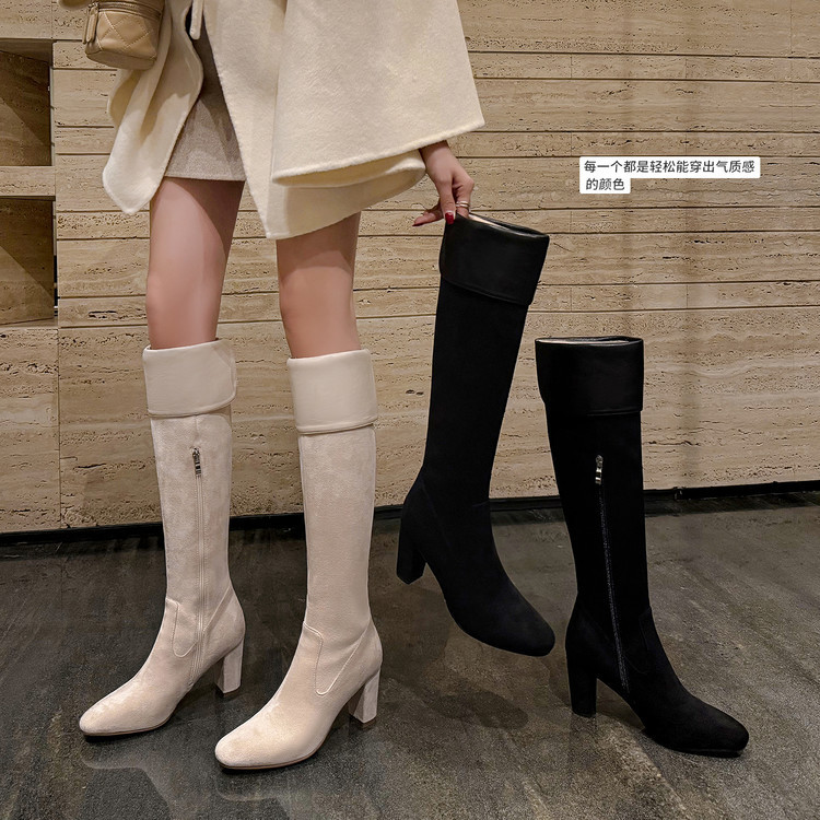 Blogger Style Elegant Square-Toe Suede Over-The-Knee Dual-Wear Long Boots, Autumn and Winter Style, Chunky High Heels, Side Zipper High Boots, Long Boots for Women