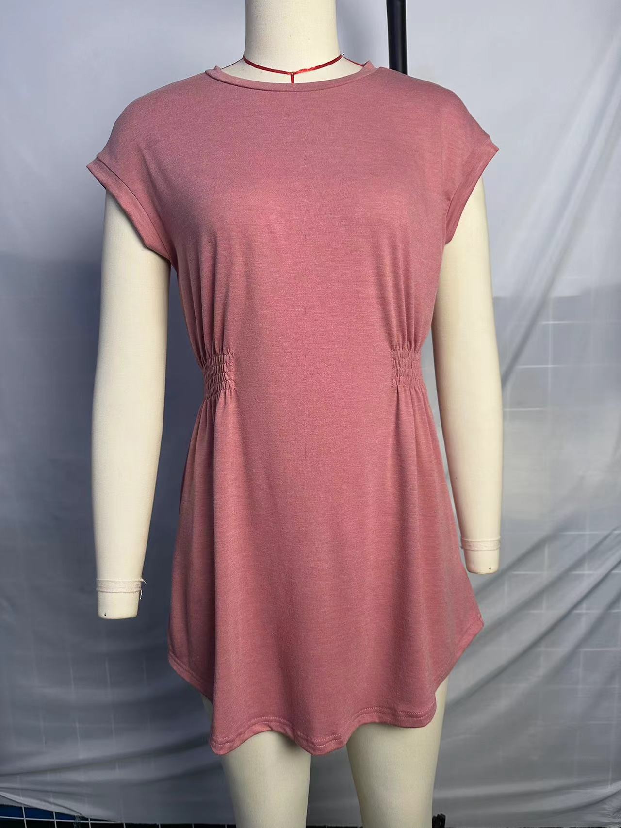 Popular Solid Color Cover Sleeve round Neck Elastic Waist Mini Dress 10 Popular Solid Color Cover Sleeve round Neck Elastic Waist Mini Dress