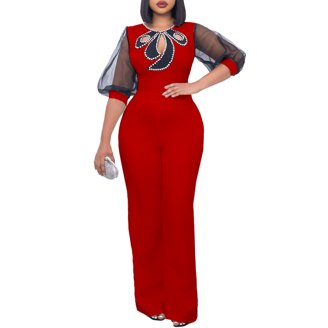 D3183 ropa de mujer de comercio exterior 2023 Verano manga corta puff manga larga cuentas sexy cintura de pierna ancha más tamaño mono transfronterizo