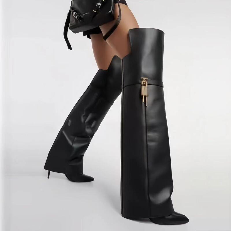 European and American Foreign Trade Catwalk Style Trouser Boots for Women with Pointed Toe High Metal Buckle Skirt Stiletto Heels over the Knee Boots Fashion Boots European and American Foreign Trade Catwalk Style Trouser Boots for Women with Pointed Toe High Metal Buckle Skirt Stiletto Heels over the Knee Boots Fashion Boots